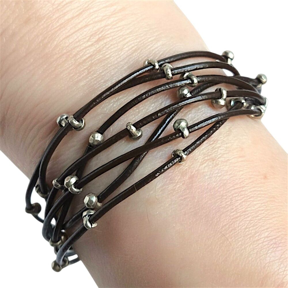Lucky Brand Brown Leather Multi Strand Bracelet Silver Tone Studs Toggle Size 7